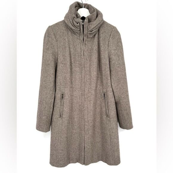 ZARA Tweed Funnel Neck Wool Coat Brown Med - Picture 1 of 6